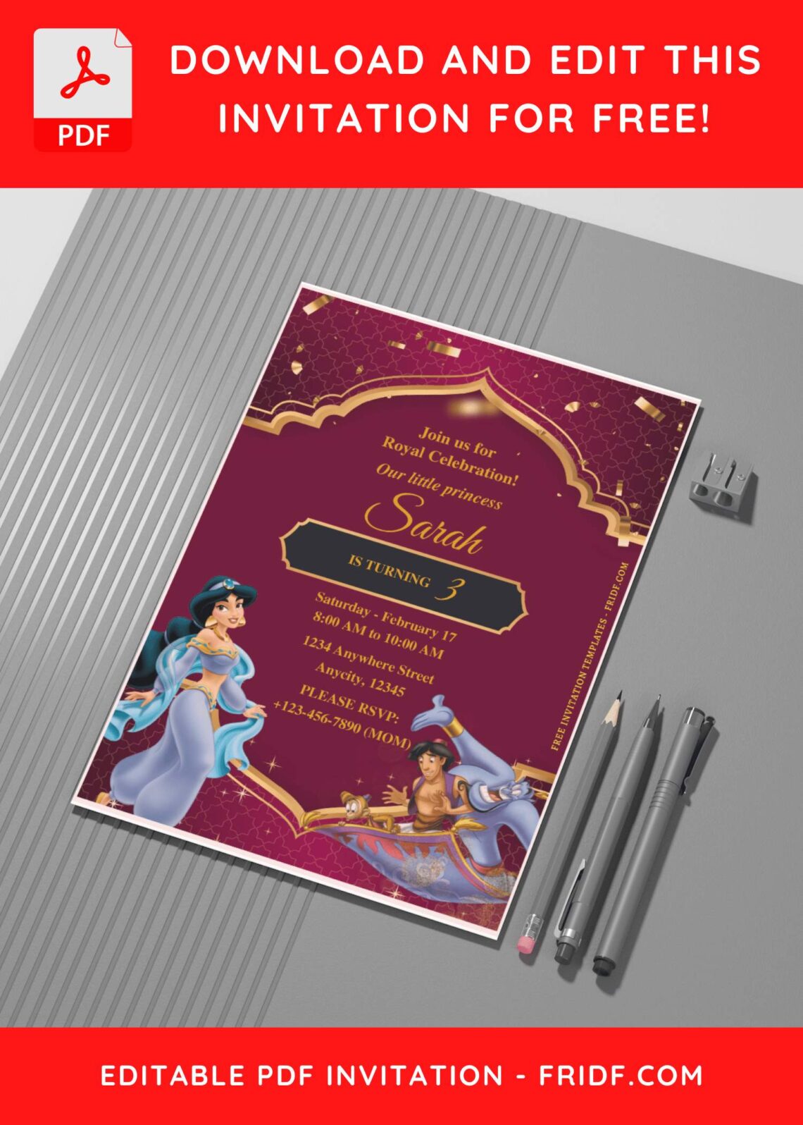 (Free Editable PDF) Shimmering And Shining Aladdin Birthday Invitation ...