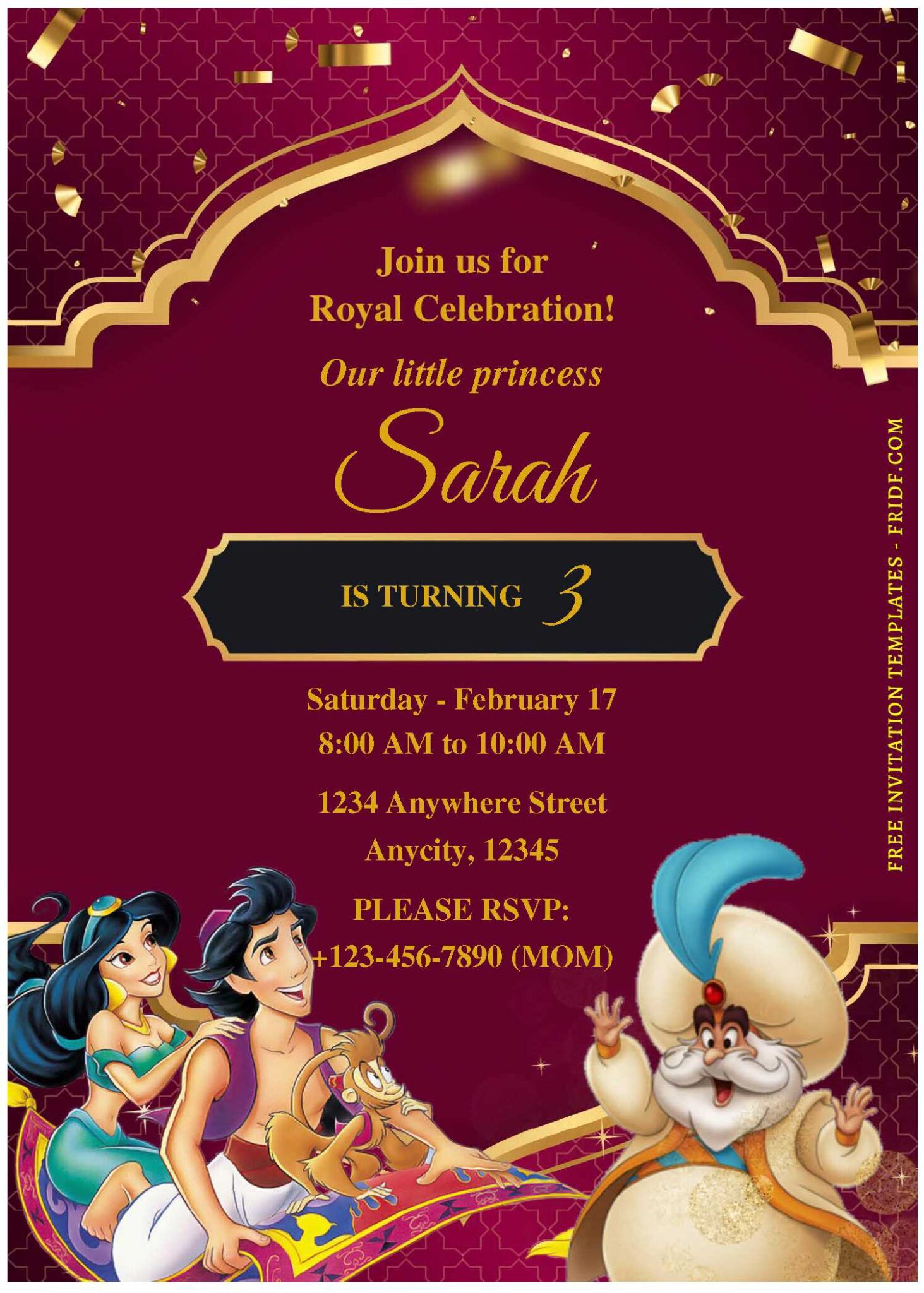 (Free Editable PDF) Shimmering And Shining Aladdin Birthday Invitation ...