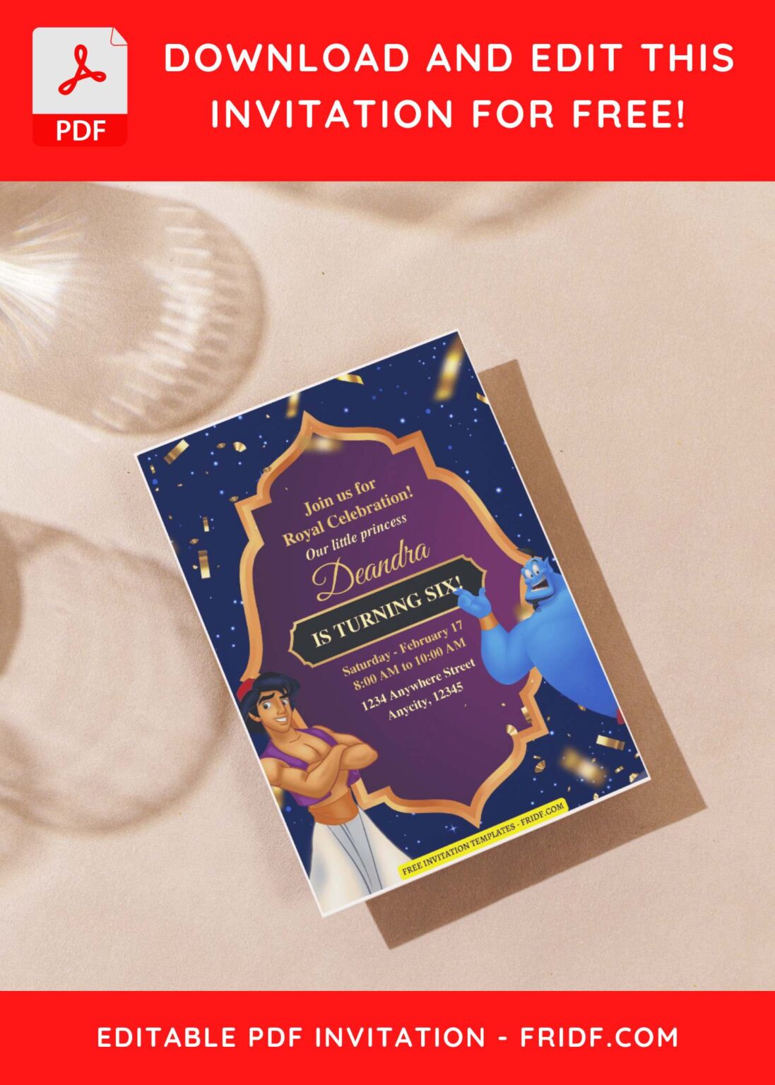 (Easily Edit PDF Invitation) Sparkling Aladdin Birthday Invitation ...