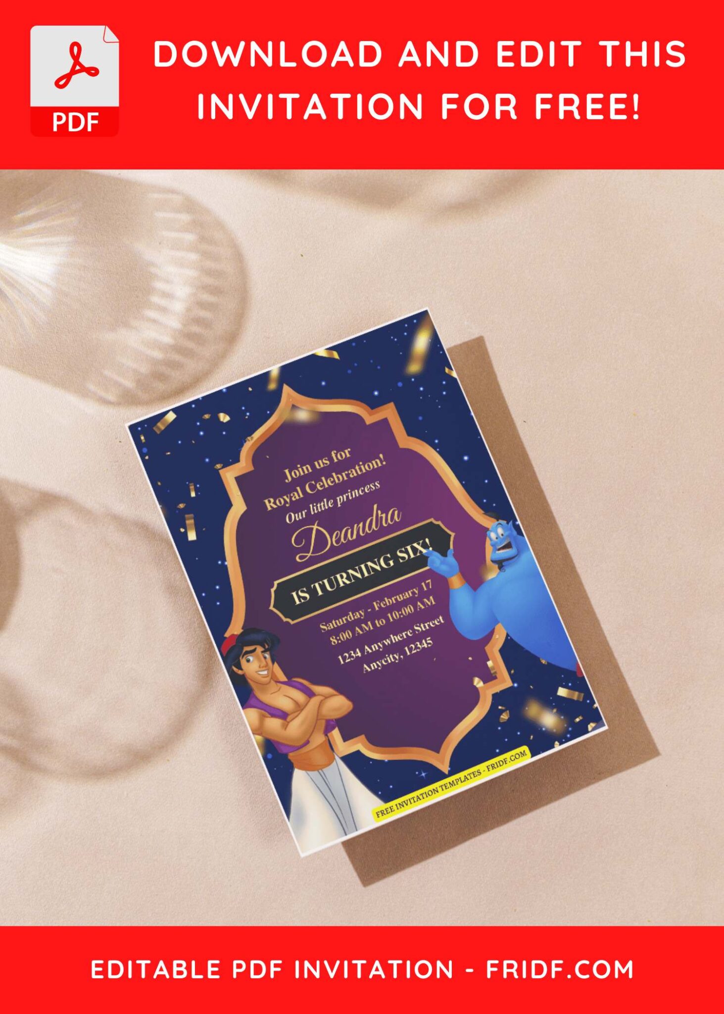 (Easily Edit PDF Invitation) Sparkling Aladdin Birthday Invitation ...