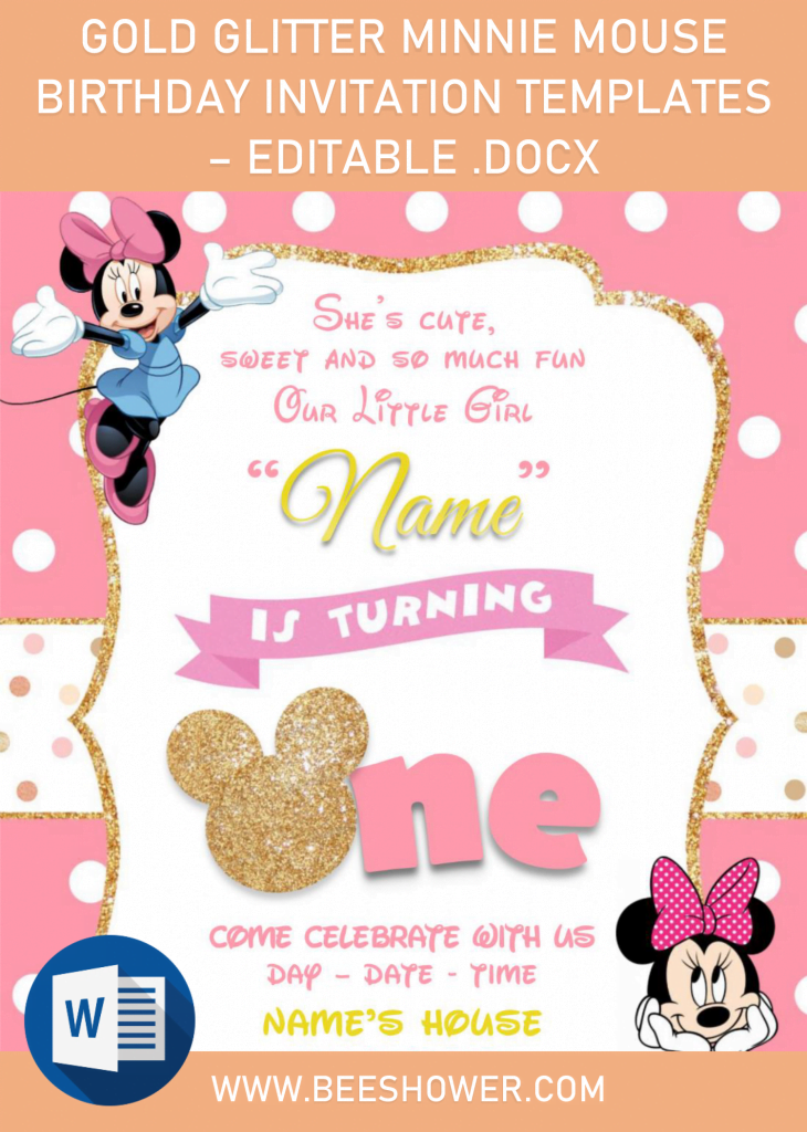 Gold Glitter Minnie Mouse Birthday Invitation Templates - Editable ...