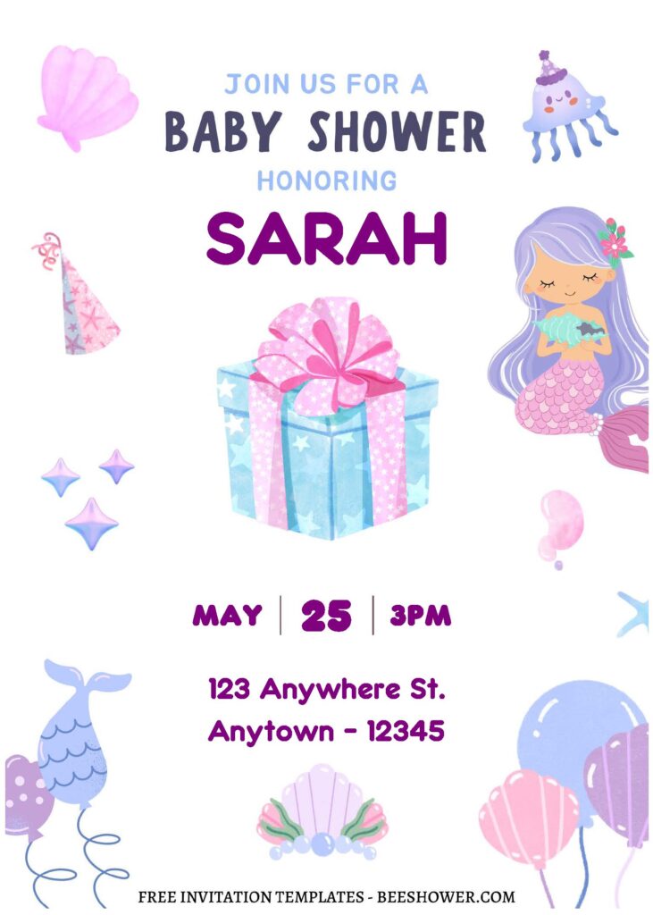 (Free Editable PDF) Cute & Pretty Mermaid Baby Shower Invitation ...