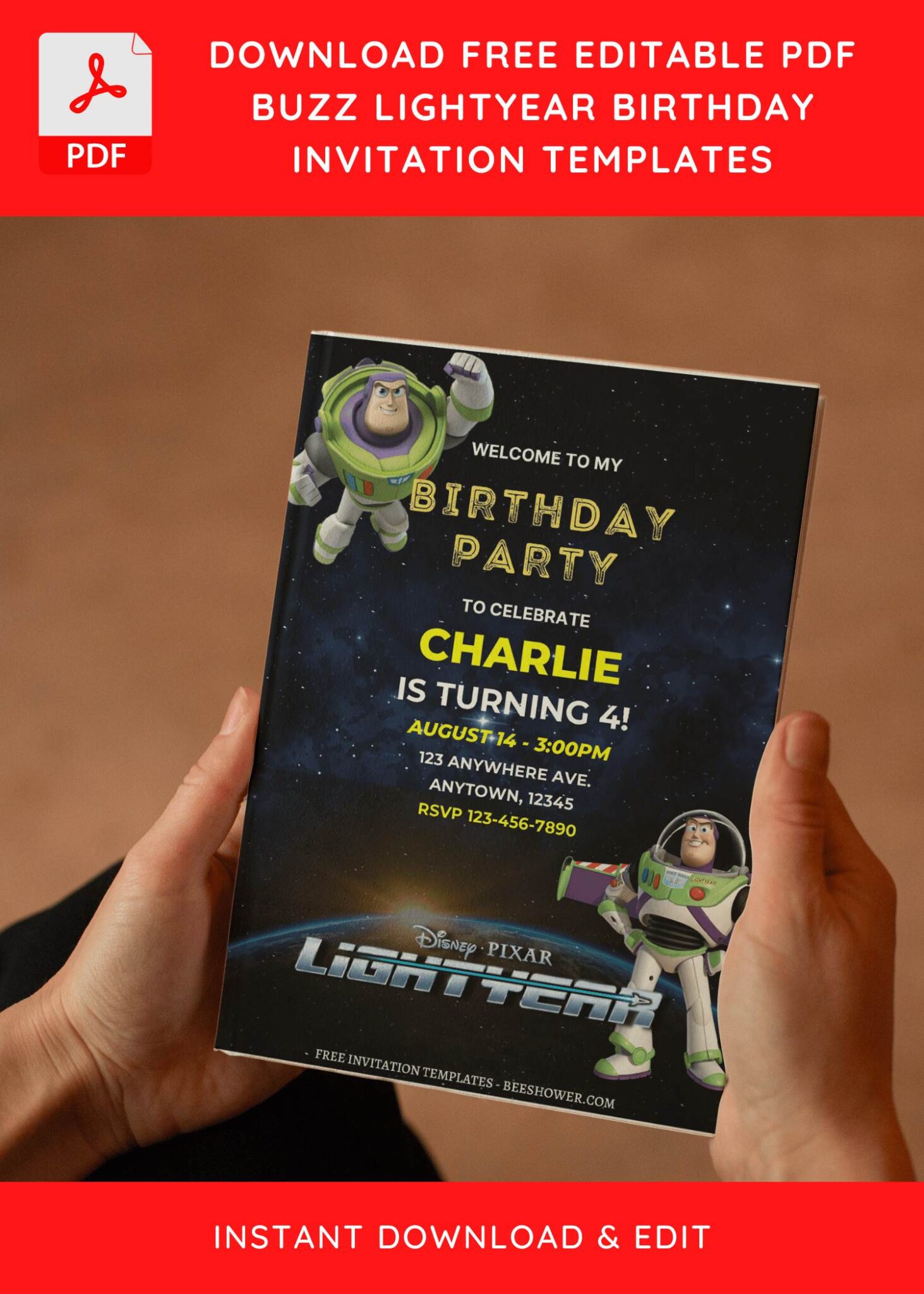 (Free Editable PDF) Buzz Lightyear Space Themed Baby Shower Invitation ...