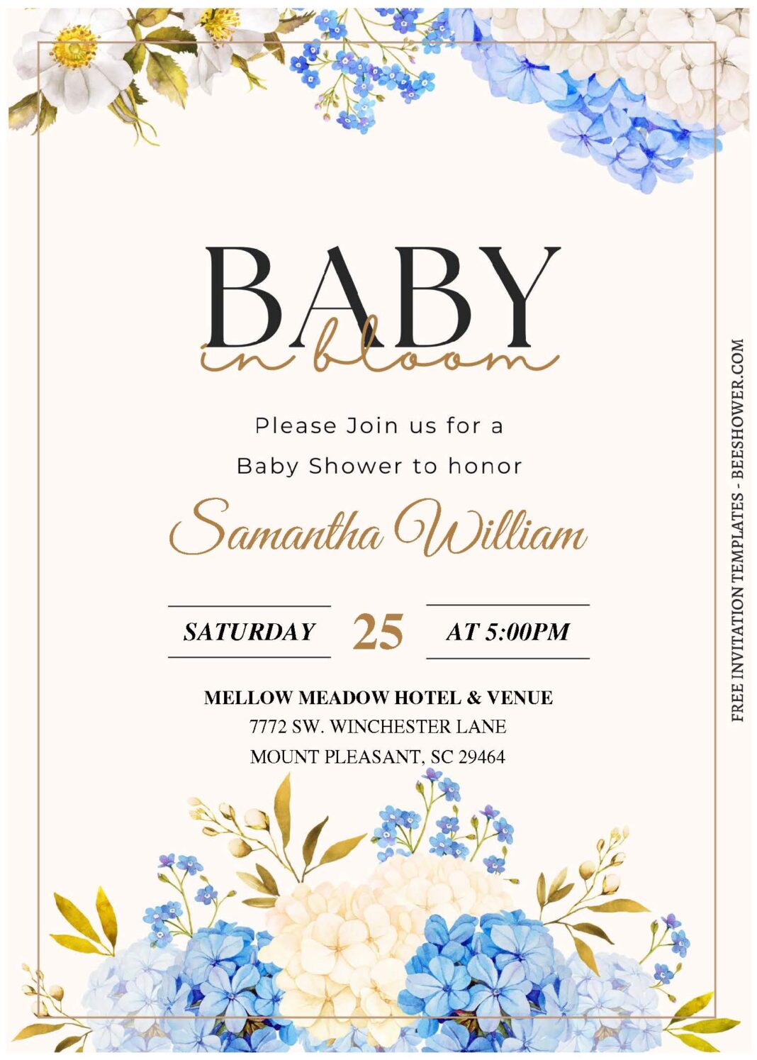 Baby in bloom invitation for a boy with blue floral design