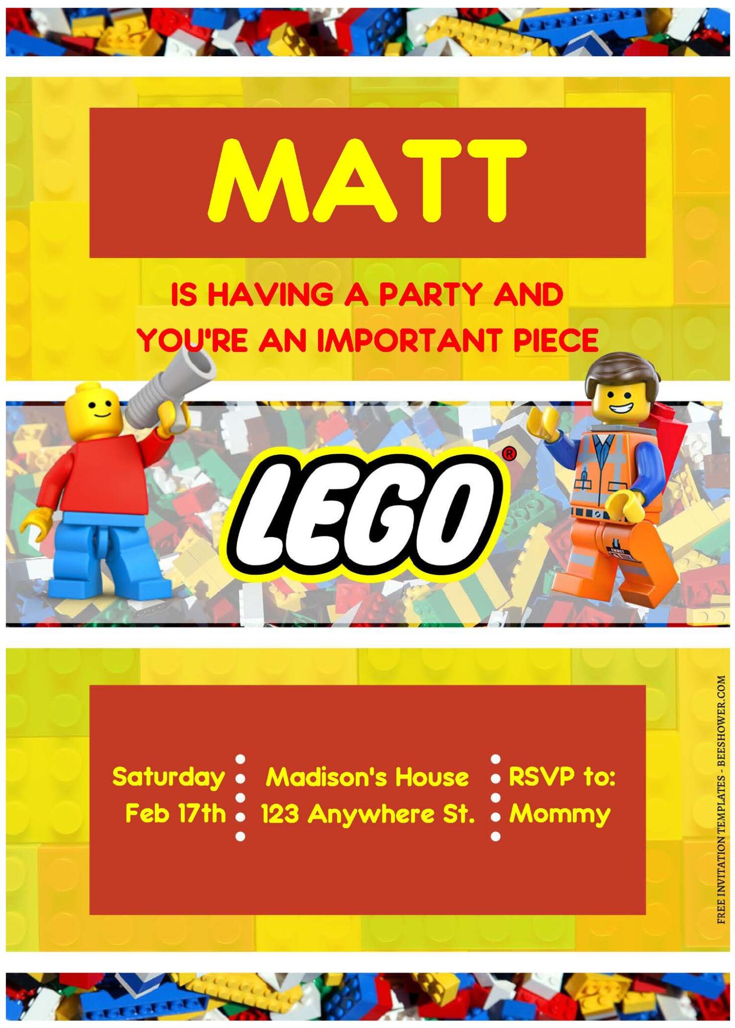 (Free Editable PDF) Fun Lego Block Party Baby Shower Invitation ...