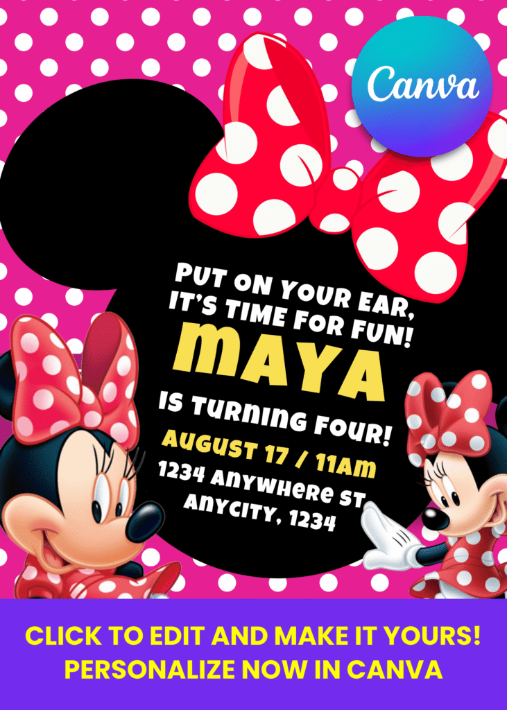 Minnie Mouse Ears Birthday Invitation | Editable Canva Template - Beeshower