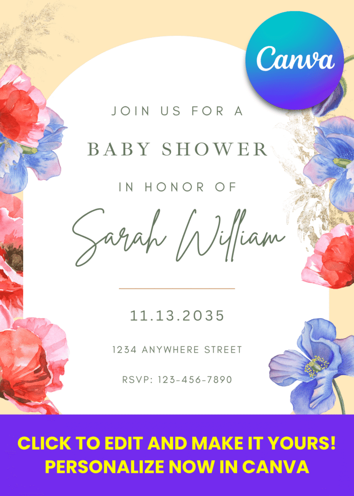 Poppy Floral Baby Shower Invitation | Editable Canva Template - Beeshower