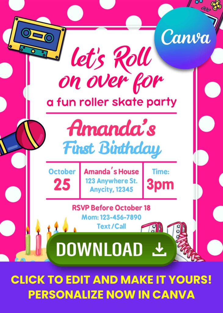 Let’s Roll Roller Skate Birthday Invitation Template | Editable in Canva